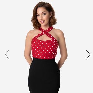Unique Vintage Crisscross Halter Red Black polka